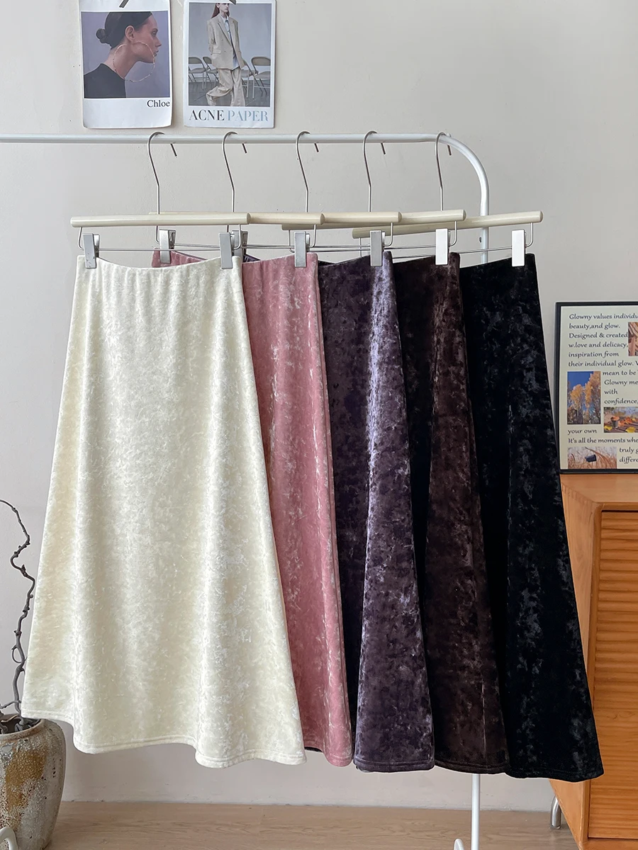 Women's Elegant Vintage Velvet Glossy Long Skirt Lady Spring Autumn Solid Color Elastic Waist Mermaid Skirt