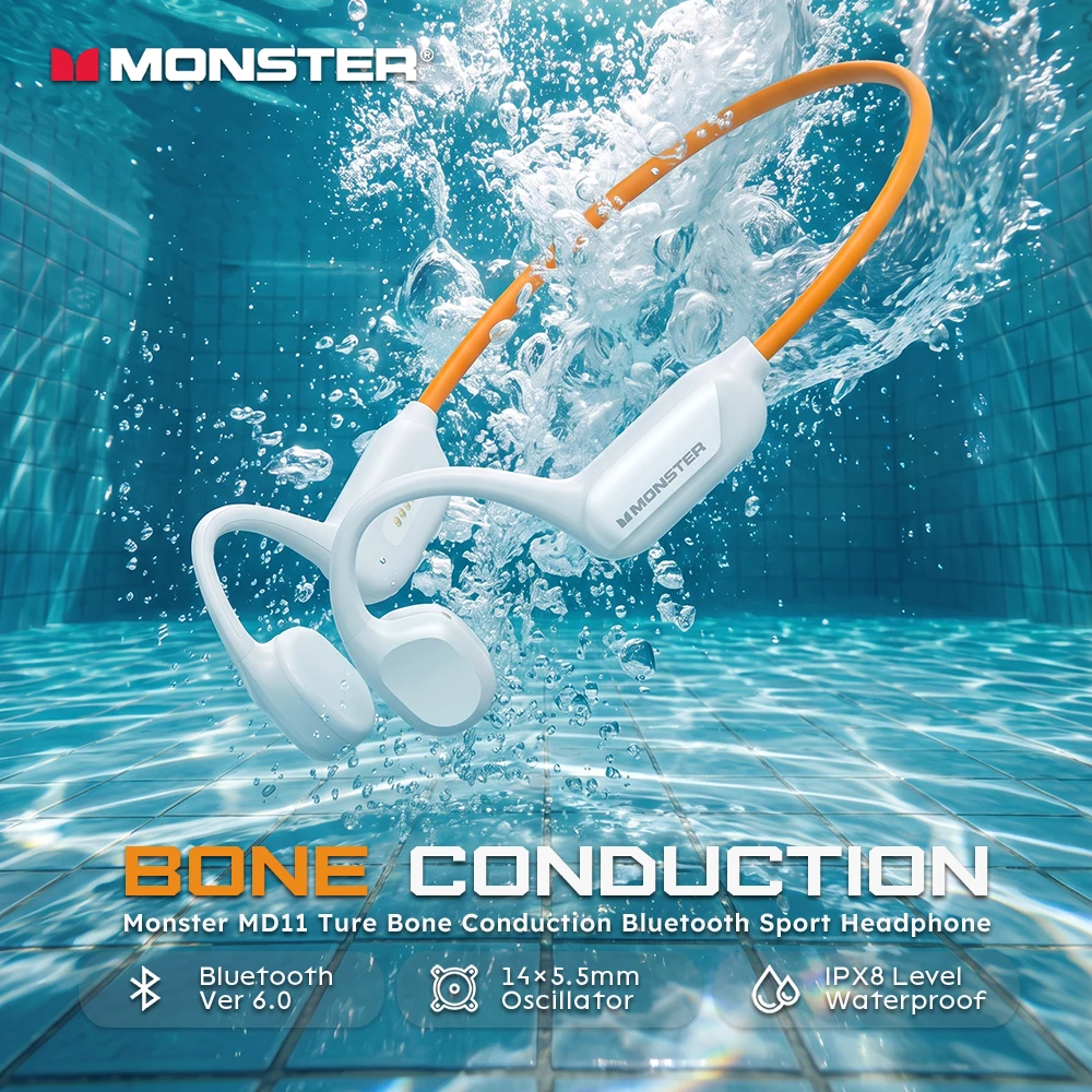 Monster MD11 True Bone Conduction Ohrhörer HiFi Stereo Kabellose Bluetooth 6.0 Kopfhörer IPX8 Wasserdicht Sport-Ohrbügel-Headset