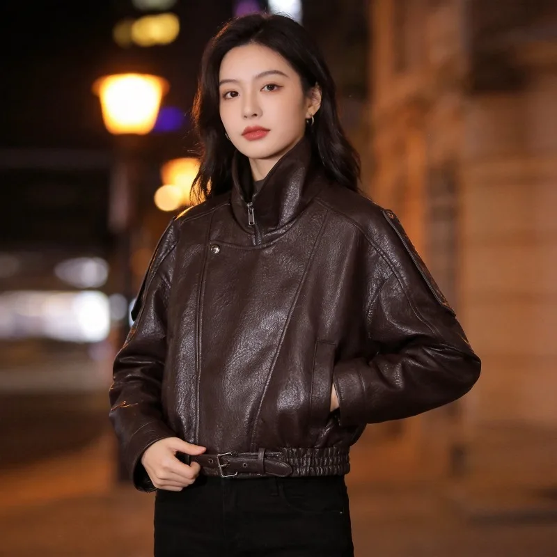 YLT Women 2026 Autumn New Hot Selling Stand Collar Cropped PU Leather Jacket Waist Cinching Multi Color Moto Coat Trendy Chic
