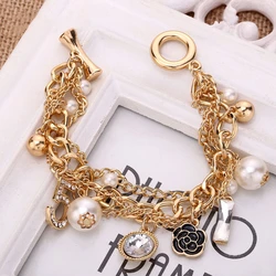 Women Fashion Pearl Crystal 5 Number Bracelet Double Layers Fashion Exquisite Camellia Chains Elegant Lady Classic Bracelets