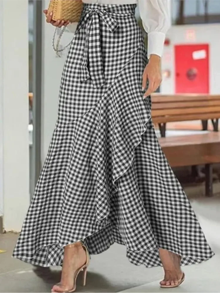 Loose Retro Women Long Skirt High Waist Lace-up Ruffle Trim Plaid Mermaid Print Bow Tie Irregular Hem Maxi Skirt Female