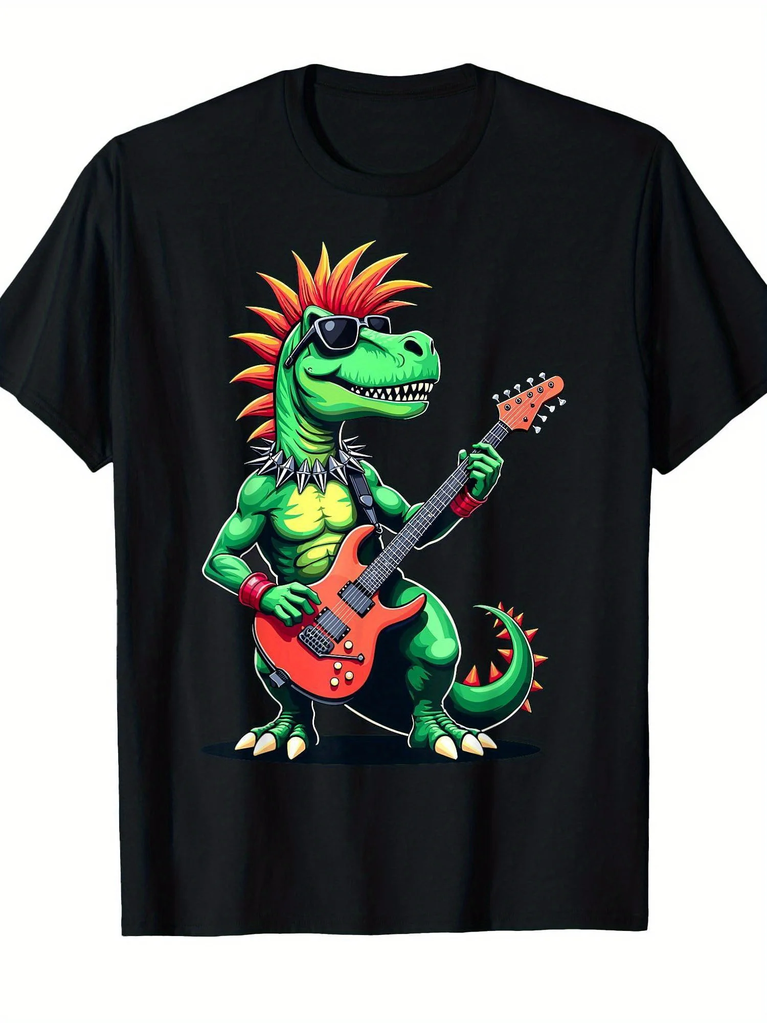 Men's & Women's Rock And Roll T-Rex Guitar Dinosaur T-Shirt -Cotton Short Sleeve Casual Tee with Funny T-Rex Playing Guitar