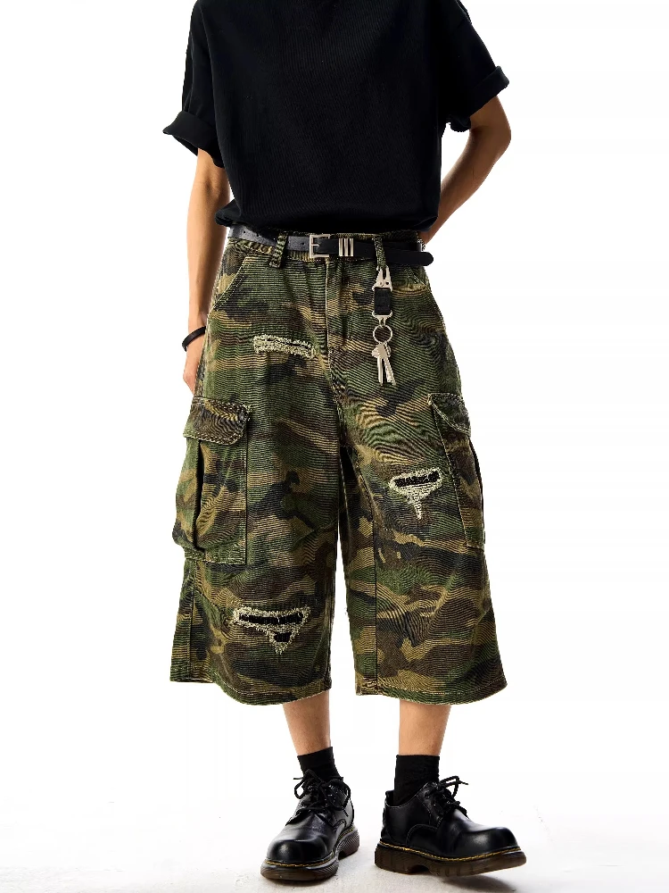 Retro americano Waed camuflaje siete pies hombres destruidos sueltos pierna ancha orts ropa Casual tendencia juvenil Jeans ropa de trabajo