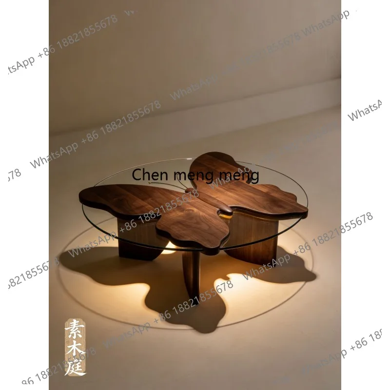 

Минималистичный кофейный столик из североамериканского черного ореха, современный, высококачественный, в стиле лёгкой роскоши, из массива дерева, круглый, со стеклянной столешницей.