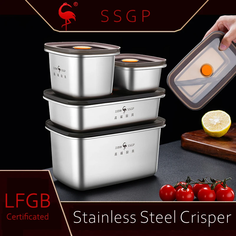 Luxury 304 Stainless Steel Fridge Food Box LFGB Certificate Air Exhaust Meat Vegetable Crisper Silicone Sealed Fresh Keep Case