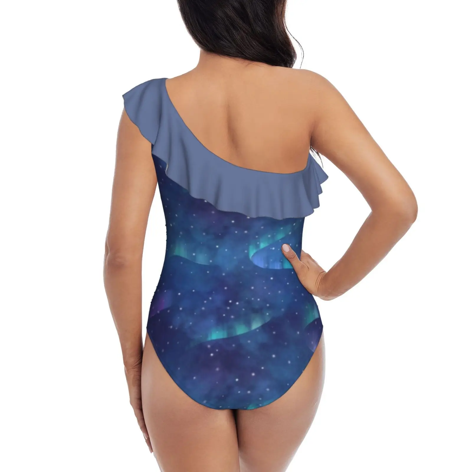 Aurora Borealis One Piece Swimwear One Shoulder Ruffle Swimsuit Women Backless Bathing Suit Northern Lights Aurora Borealis