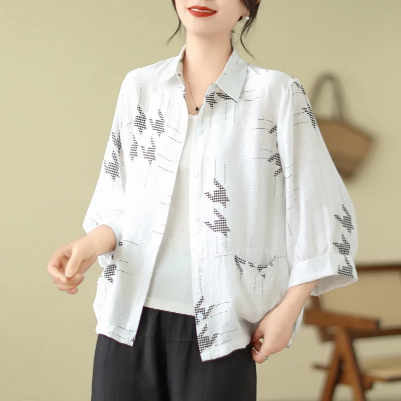 2024 Spring Autumn New Women\'s Turn-down Collar Pockets Button Versatile Fashion Casual Loose Commuter 3/4 Sleeve Shirt Tops