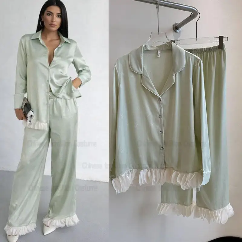 

Light Green Pajamas Suit Long Sleeve Shirt Elastic Waist Pants Women Rayon Home Clothes Luxury Can Be Outwear Sleepwear Pjs