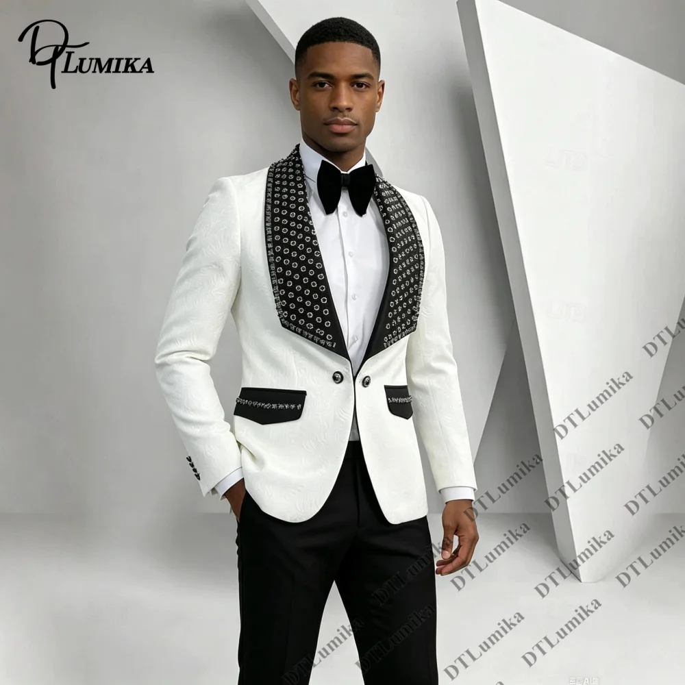 Wedding Suits Groom Tuxedo Homecoming Youth Formal Dance Events Contrast Trim Jacket Pants Jacquard Beaded 2 Piece Suit for Men
