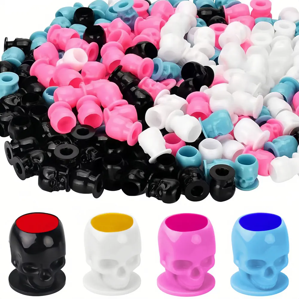 200/50/20PCS Tattoo Skull Ink Cup with Base Disposable Pigment Holder Container Cap for Permanent Makeup Tattoo Accessories