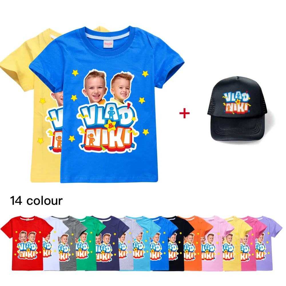 New Kids Summer Baby Boys Vlad and Niki Printing T-Shirt Cartoon Short-Sleeved Girls T-Shirt Children Casual Top+sunhat