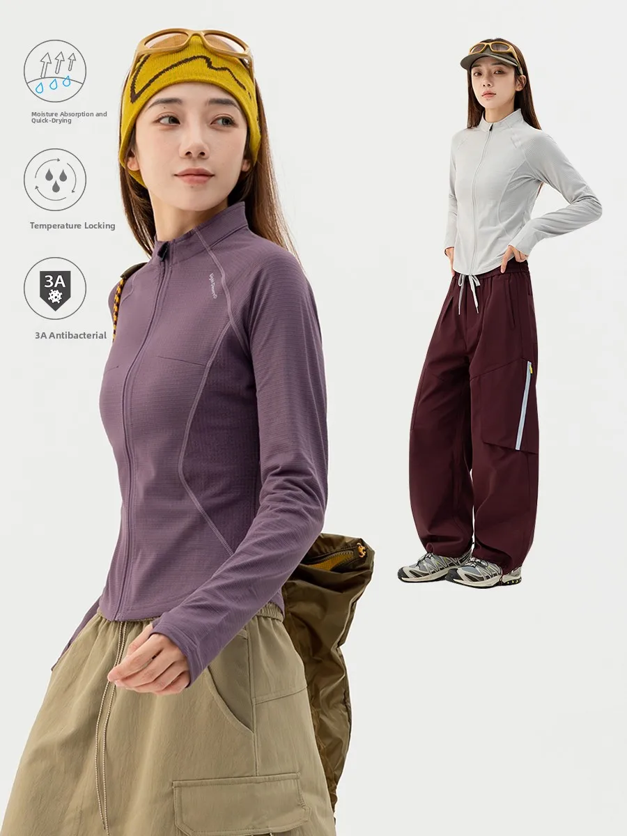 Outdoor Autumn Winter Fleece Long Sleeve Slim Fit Stand Collar T-Shirt Women's Sport Training Hiking Mountain Climbing Cardigan