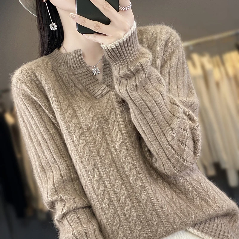 RONGNI brand 100% pure Mink Wool sweater, fashionable and minimalist, computer knitted O-neck, long sleeved women\'s new pullover