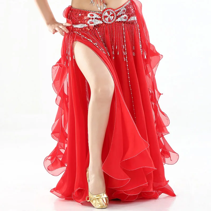 Traje de danza del vientre profesional de gasa para mujer, falda Oriental con doble aberturas altas, traje de danza del vientre para mujer, falda de danza del vientre