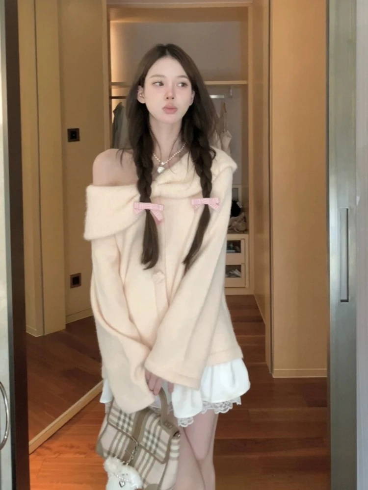 Cuteore Sweet Streetwear Knitted Cardigan Women Japanese Style Y2k Harajuku Solid Elegant Bow Sweater Soft Girl 2024