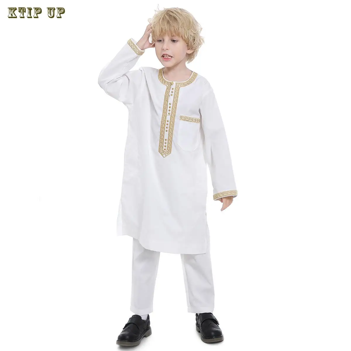 Two-Piece Satin Embroidery Set for Children, Jubba Jubba Thobe, Qatari Abaya, Saudi, Dubai, Pakistan Baby Robe, Muslim Prayer