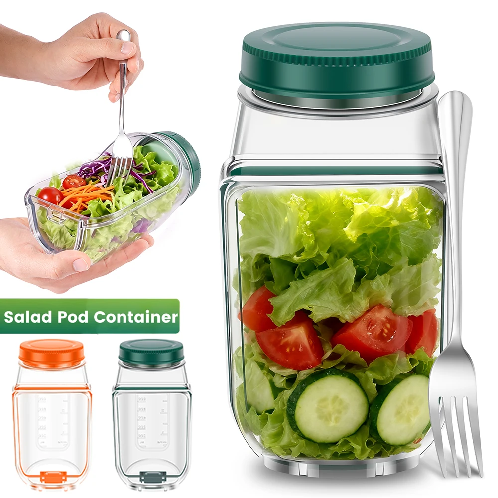 Recipientes para Ensaladas, Recipiente de Plástico para Almacenar Ensaladas con Tapa de Apertura Lateral y Tenedor de Acero Inoxidable, Recipiente Vertical para Frutas y Verduras