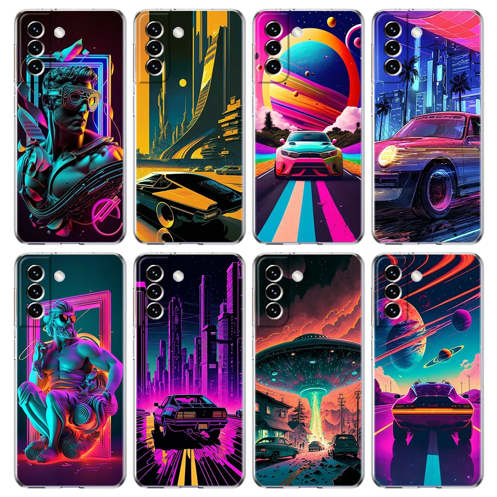 Synthwave Retro Phone Case Cover for Samsung Galaxy S24 S23 S22 S20 S21 FE Ultra S24 S23 S10 S10E S9 S8 Plus Transparent Shell