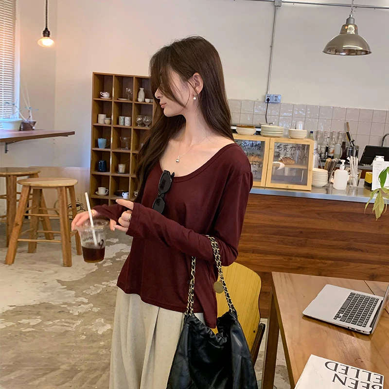 

Women's Loose Casual T-shirts 2024 Spring Autumn New Simlple Long Sleeve Tops Solid Basic Tee Shirts Female Pullovers