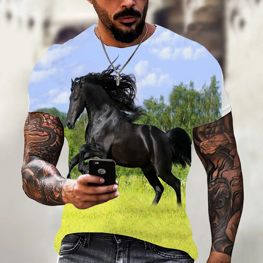 

New Men's T-shirt Summer Casual 3D Printing, Horse Racing Landscape Animal Pattern Round Neck Shirt, Loose And Breathable Top