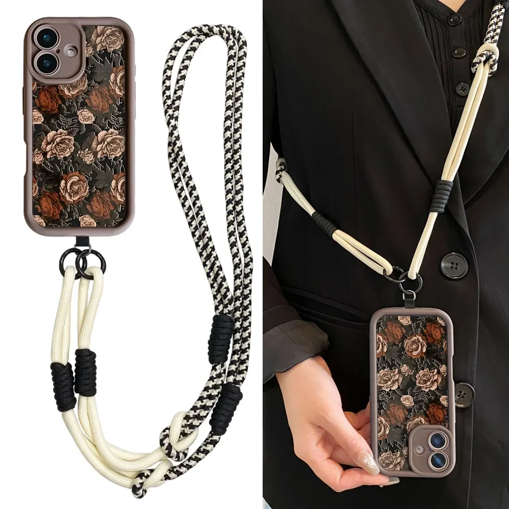 Ypm5 جراب هاتف آيفون 16 15 14 13 12 11 17 برو ماكس XS ماكس XR 7 8 زائد الفاخرة زهرة الورد Crossbody الحبل حزام حبل غطاء #1