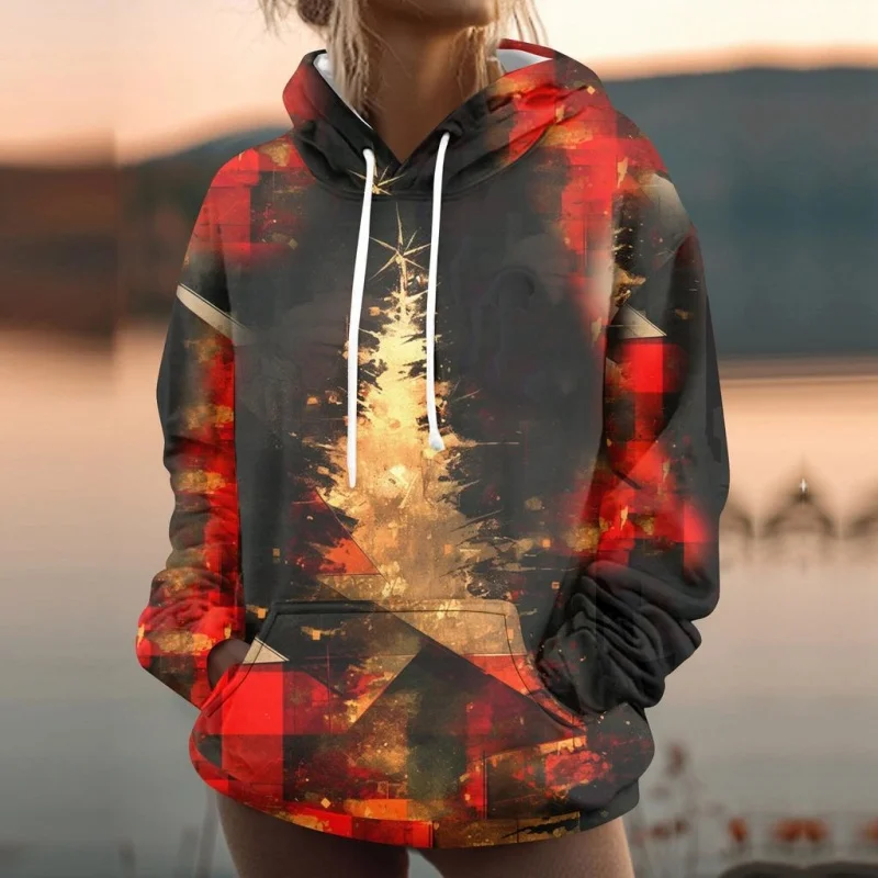 3D Printed Christmas Tree Hoodie For Women Snowman Pattern Sweatshirt Autumn Casual Tops Loose Pullovers Long Sleeves Hoodies