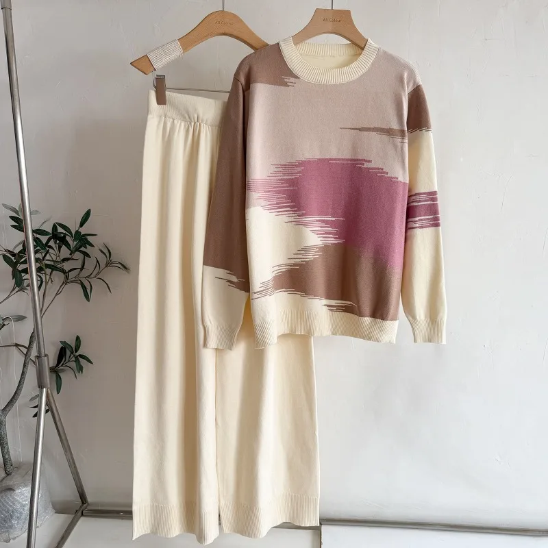 

Повседневный свободный лоскутный вязаный пуловер с круглым вырезом и длинными рукавами + длинные брюки с эластичной резинкой на талии, комплект из 2 предметов, зимний женский костюм, новые комплекты