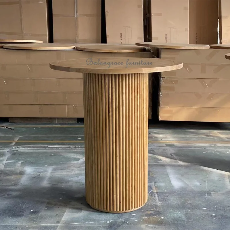 

Modern Design Round Desktop and Cylindrical Base Natural Oak Wood Weeding Event Party Cocktail bar Table
