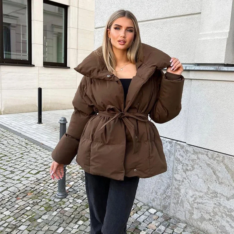 여성용 솔리드 패션 라펠 타이업 코튼 코트 긴 소매 허리 조임 따뜻한 루즈 자켓 여성 캐주얼 출퇴근 겨울 외투