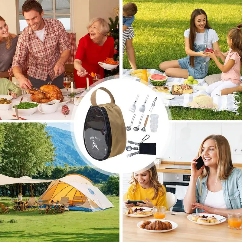 Juego de utensilios para acampar, 11 Uds., utensilios de cocina, cuencos y tenedores, Kit de acampada para barbacoa, bolsa organizadora plegable para exteriores, accesorios para acampar