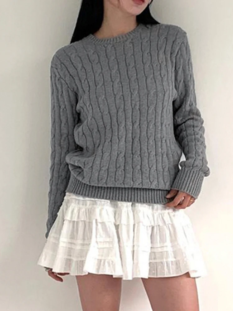 Sweetown 여성용 그레이 니트 스웨터, 긴팔, 심플한 한국 스타일 블라우스, 부드러운 하라주쿠 풀오버, 가을 신상