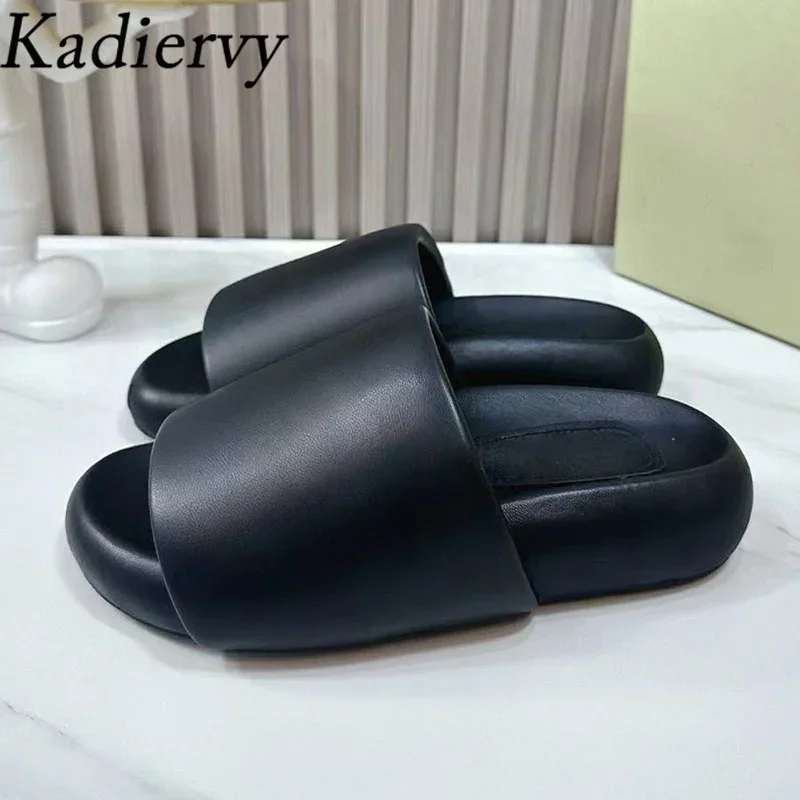 

Thick Sole Slippers Woman Black Beige Genuine Leather Flat Shoes Woman Summer Slides Street Style Comfort Slippers Women