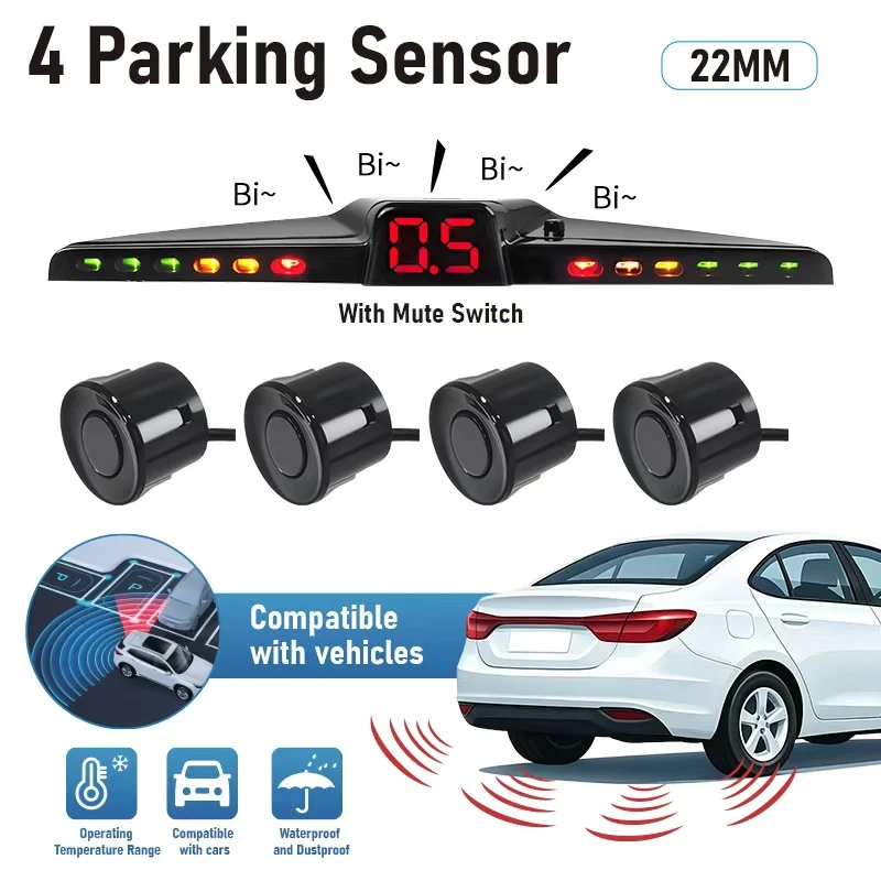 12V Car Parking Assistant System 22mm 4 Sensors LED Distance Display Waterproof with Audible Alarm for Easy Parking
