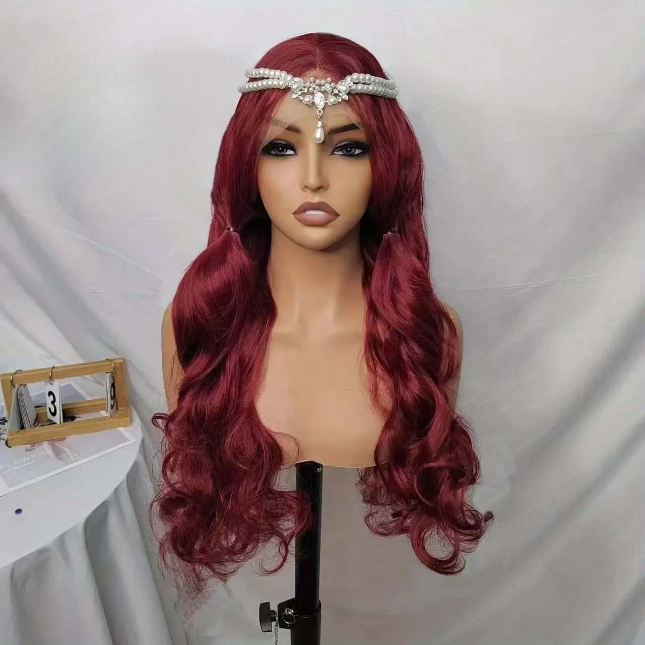 

26Inch Natural 99j Burgundy Body Wave Soft Long 180Density Glueless Synthetic Lace Front Wig For Women Babyhair PrePlucked