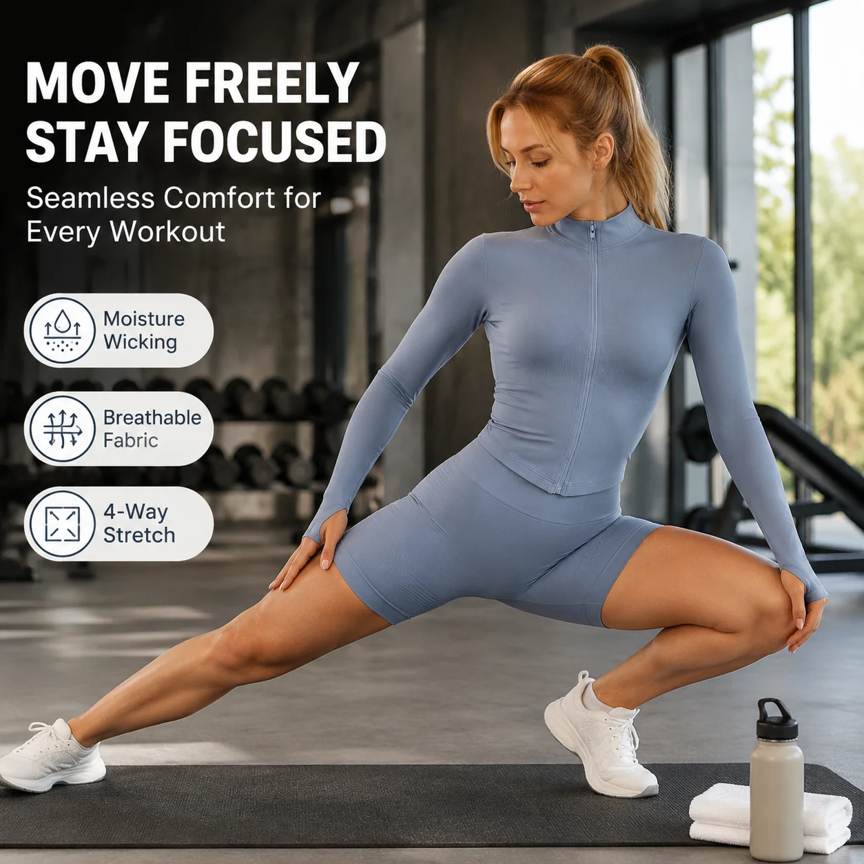 Women's Zip-Up Seamless Long Sleeve Yoga Jacket & Shorts Set - Gym Activewear with Butt Lifting, Multiple Colors, S-XL