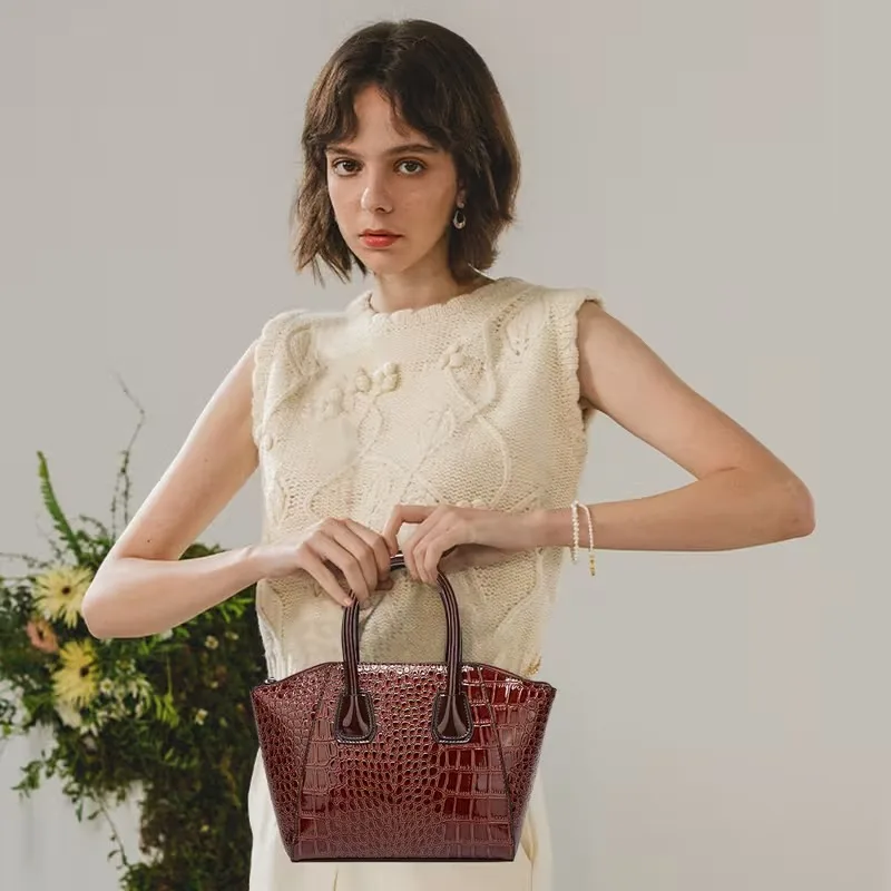 6Pcs Solid Color Crocodile Pattern Handbag Set, Large Capacity Versatile Women Shoulder Crossbody Purse Kit view 3