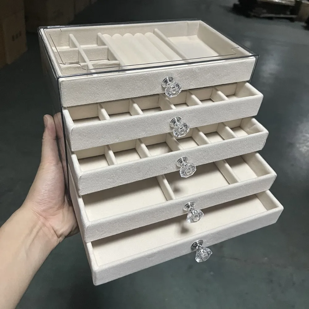 Baru tempat penyimpanan perhiasan dapat diatur 5 lapis laci anting akrilik Organizer Stackable beludru nampan jelas Stand Holder Tray