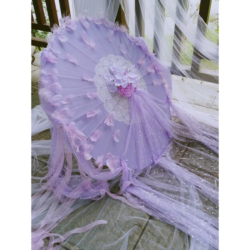 Wedding Bead Feather Ribbon Cos Hanfu Lolita Tea Party Costume Dance Show Photography Props Craft Umbrella Rain Women Parasol