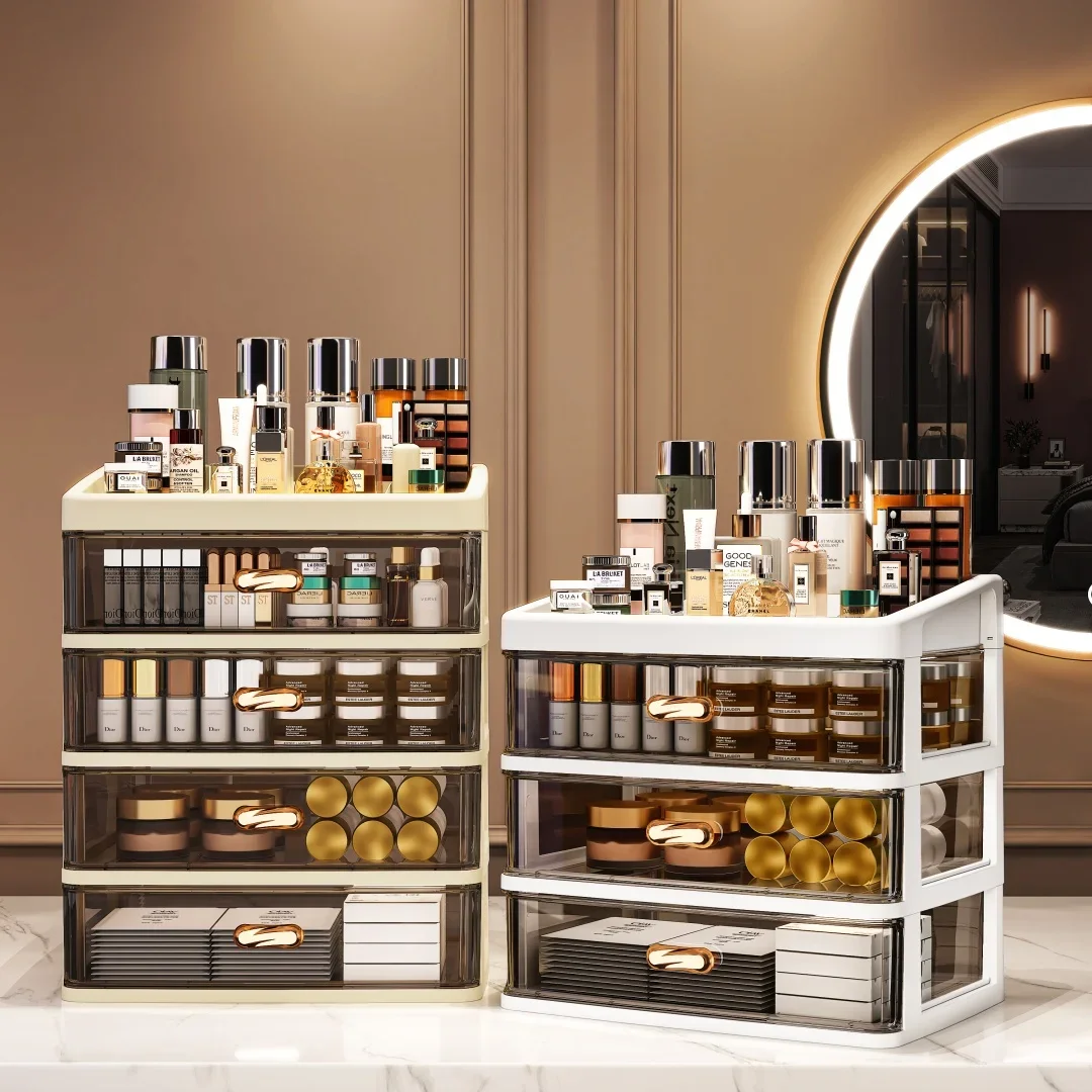 

2-Tier Makeup Organizer with Drawers, Large Capacity Dustproof Cosmetic Storage Box , Nordic Style PP Material Desktop Organizer