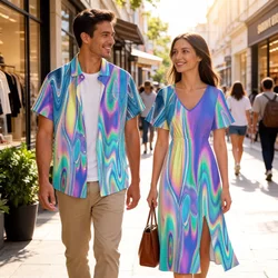 Colorful Neon Light Beam 3D Print Split Dress, Same Stye Short Sleeves Shirts Plus Size Matching Hawaii Beach Outfit For Couples