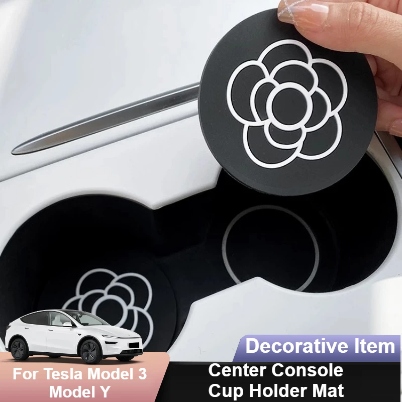 

Center Console Cup Holder Mat for Tesla Model 3 Model Y Juniper Camellia Anti-Slip Pad Women Car Interior Accessories Decorative