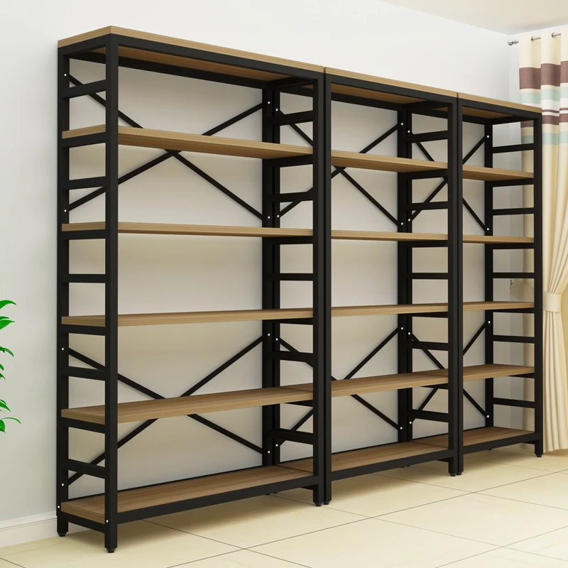 Simple steel and wood bookshelf partition rack wrought iron storage shelf multi-layer bookcase display rack display rack customi
