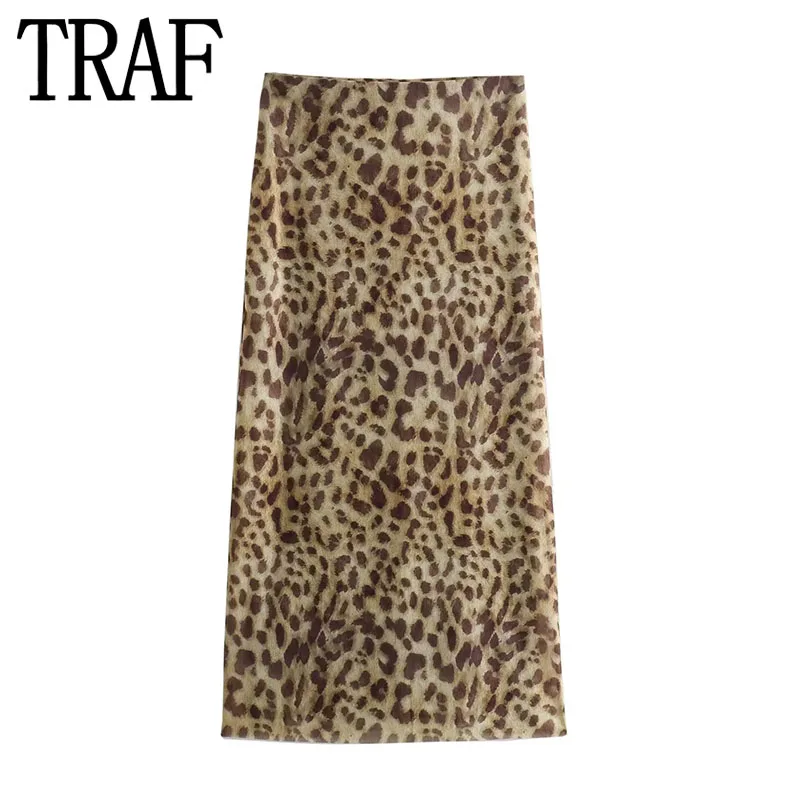 

TRAF Leopard Print Tulle Skirt Woman High Waist Long Skirts For Women 2024 Vintage Mesh Midi Skirt Y2k Summer Elegant Skirts