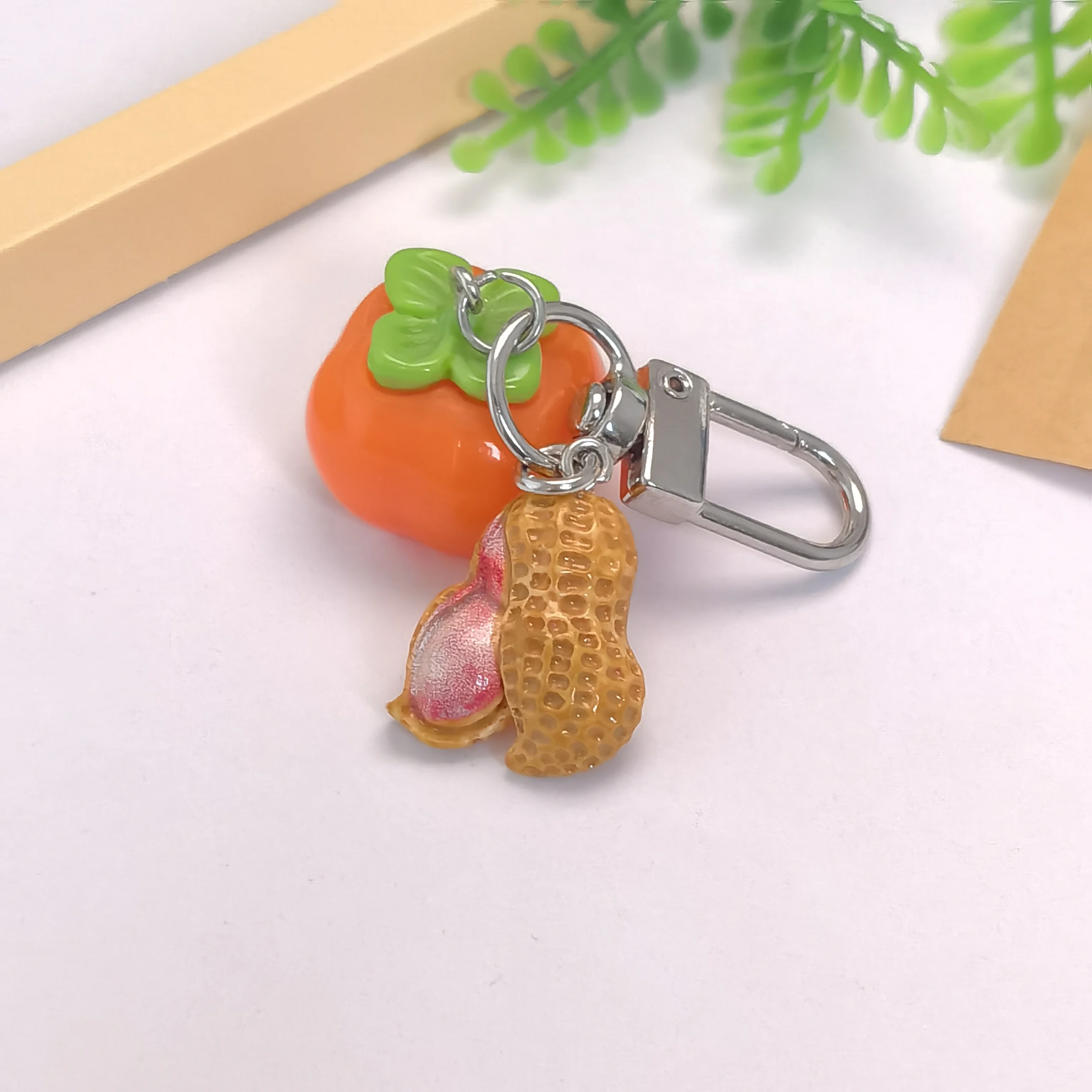 Creative Persimmon Peanut Car Keychain Simulated Resin Peanut Bag Small Pendant Women Gift Cute Accessories Decoration