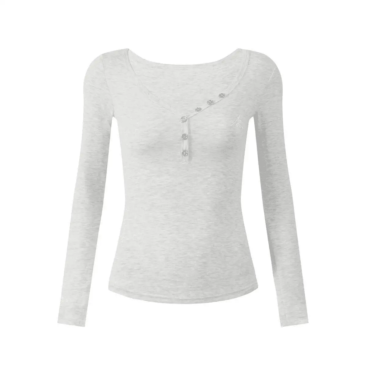 Damenkleidung Herbst-Outfit V-Ausschnitt Basic-Shirt Langarm Einfarbiges T-Shirt Mädchen Studentin Knopfdesign Elegantes Damen Slim Fit Top – Detail 4