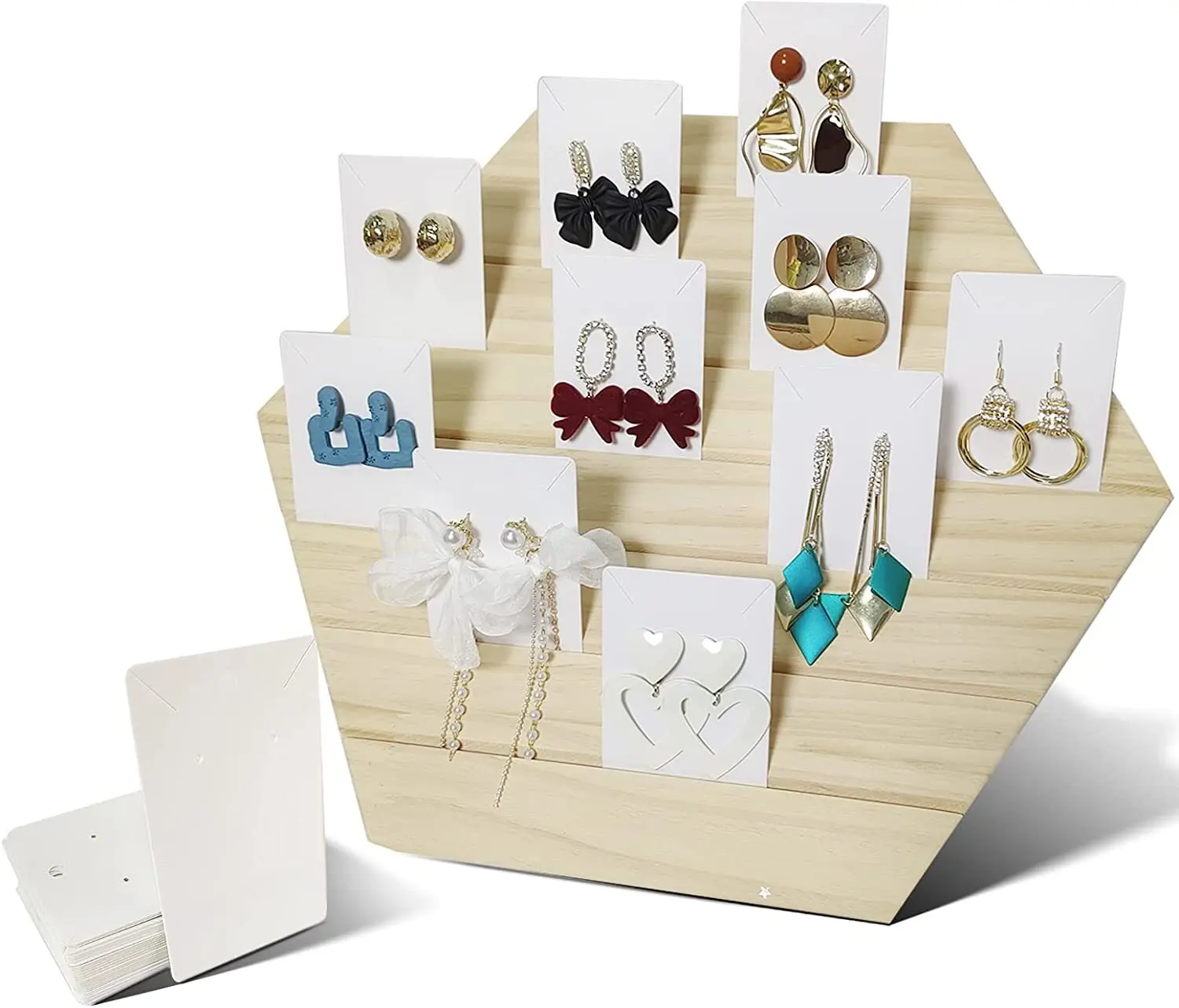 Wooden Earring Jewelry Display Stands for Selling, Earring Card Holder with 10PCS Earring Cardboard, Card Organizer(Wood Color)