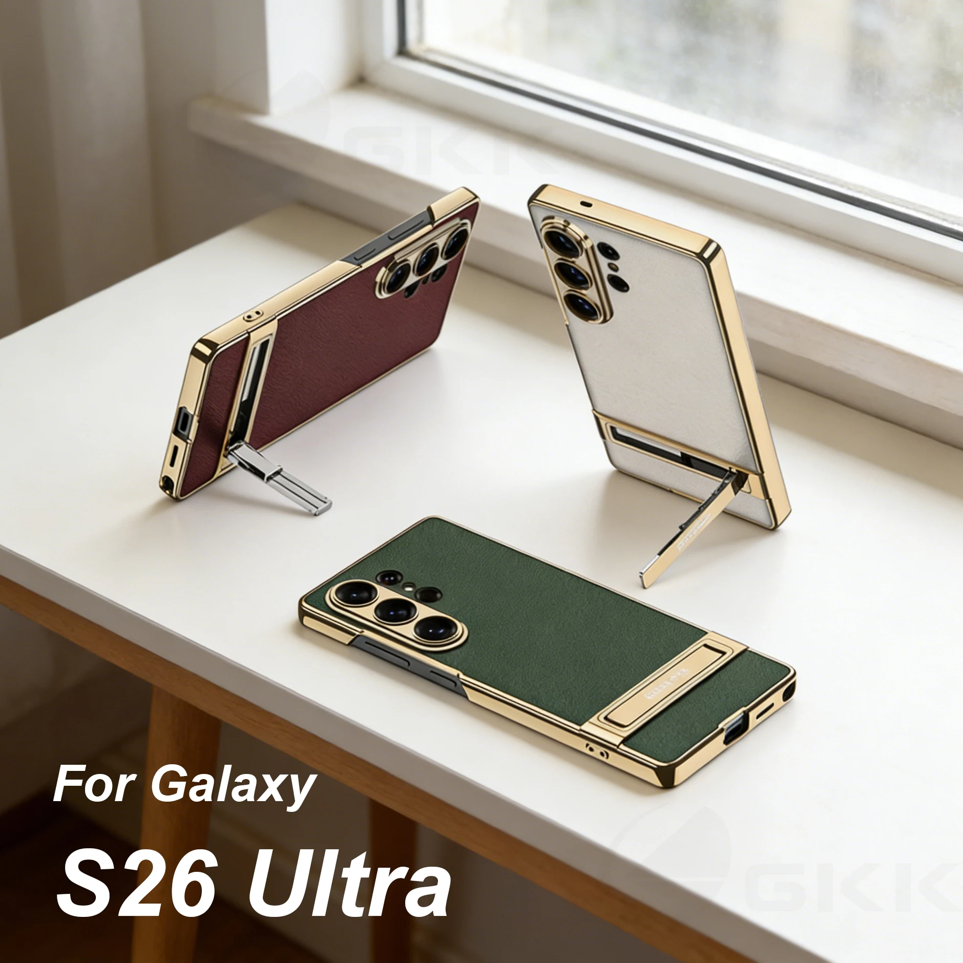 Luxury Plating Leather Bracket Case For Samsung Galaxy S26 Ultra Shockproof Protective Plastic Cover for Galaxy S25 Ultra Case