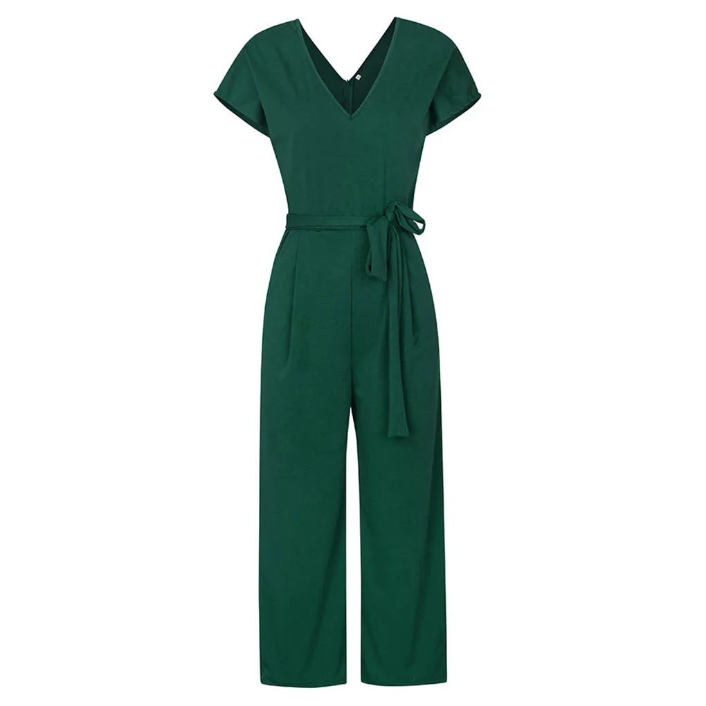 

Women V-neck Jumpsuit Short Sleeve Solid Color Summer Playsuit Rompers