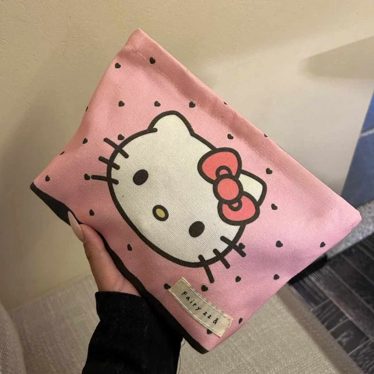 Hello Kitty-Pochette en toile Mininstants pour filles, impression double face, fermeture éclair, sac de rangement cosmétique polyvalent, grande capacité