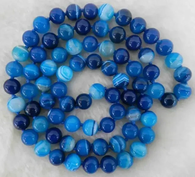 

8mm Natural Blue Stripe Agate Onyx Gem Round Beads Necklace 32"